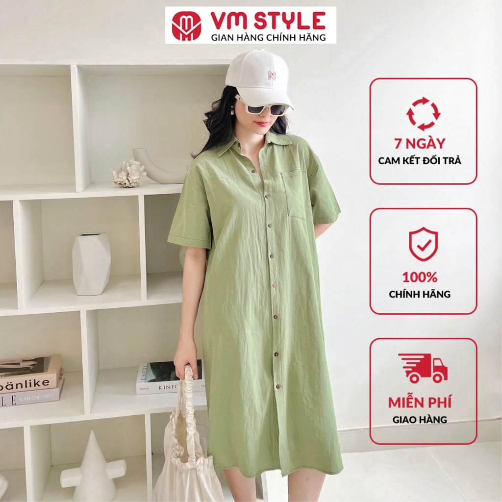 Đầm sơ mi tay ngắn VMSTYLE form rộng 1 túi viền chỉ 22VD05Q022701