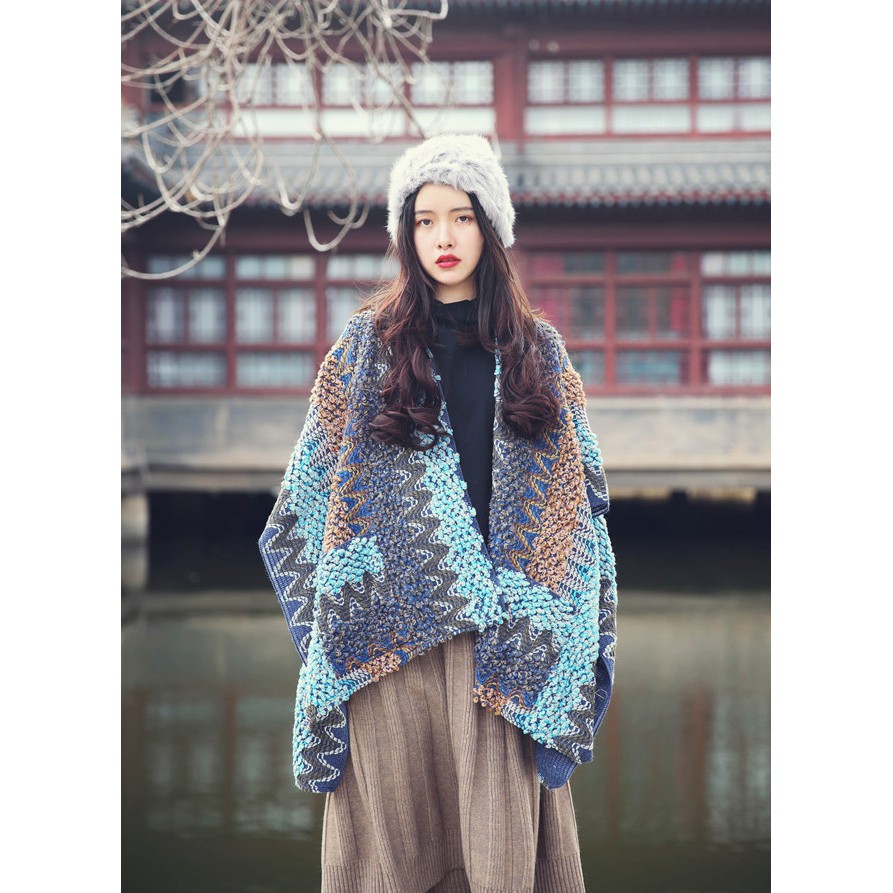 Cardigan len dáng choàng cape tông xanh xám - MS041 (Có ảnh thật)