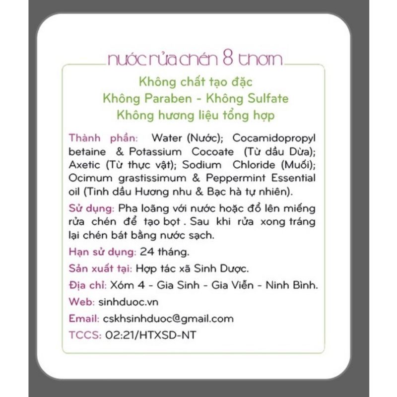 Nước Rửa Chén Tám Thơm Sinh Dược 500ml - Sạch - An Toàn Cho Da Tay - Thân Thiện Môi Trường