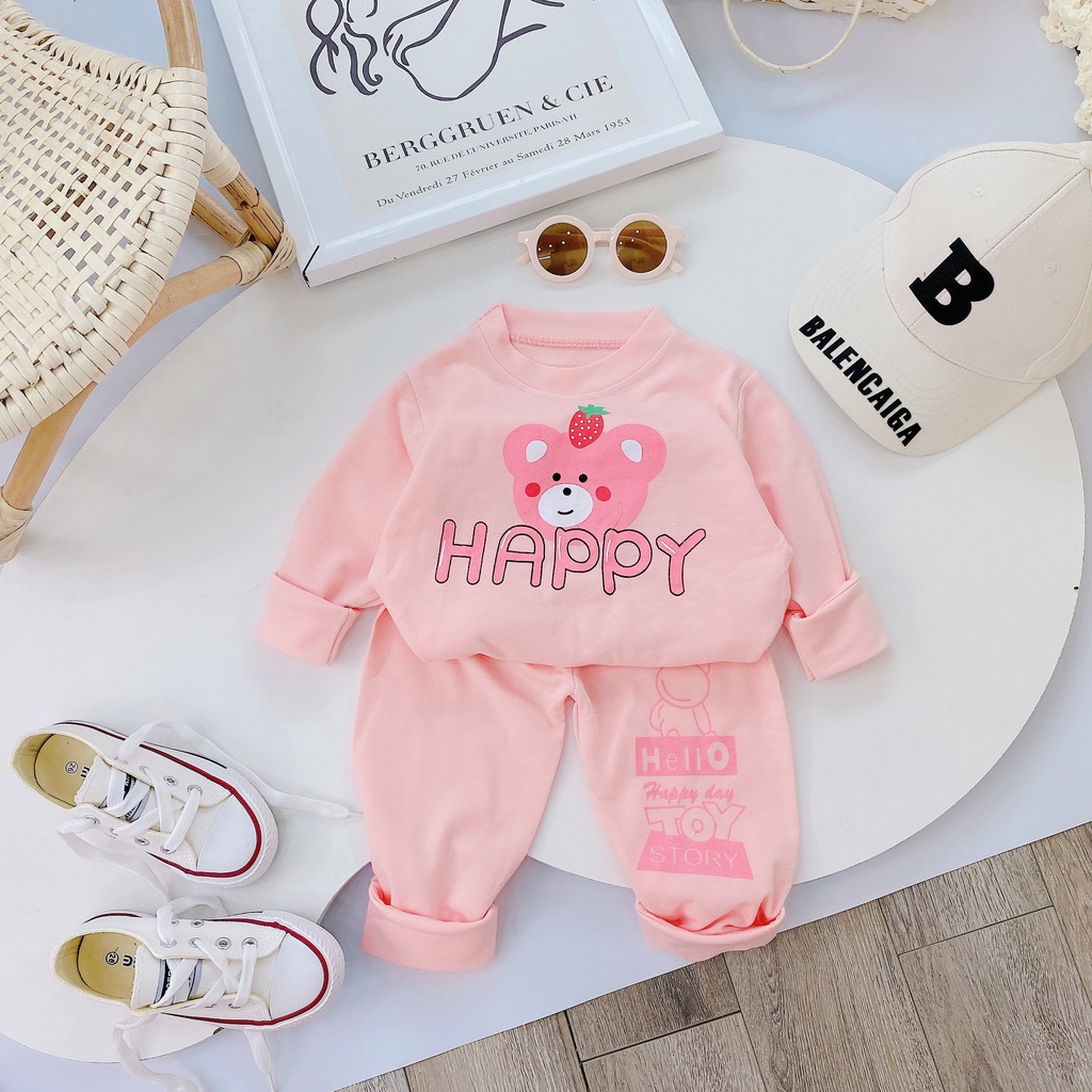 Bộ dài tay cho bé gái mùa thu hình gấu HAPPY 8-18 kg
