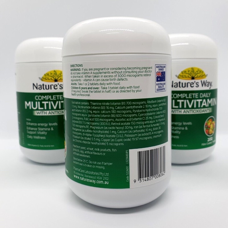Viên uống Tảo xoắn, Vitamin Tổng Hợp [Úc] Nature’s Way Complete Daily Multivitamin - 200 Viên