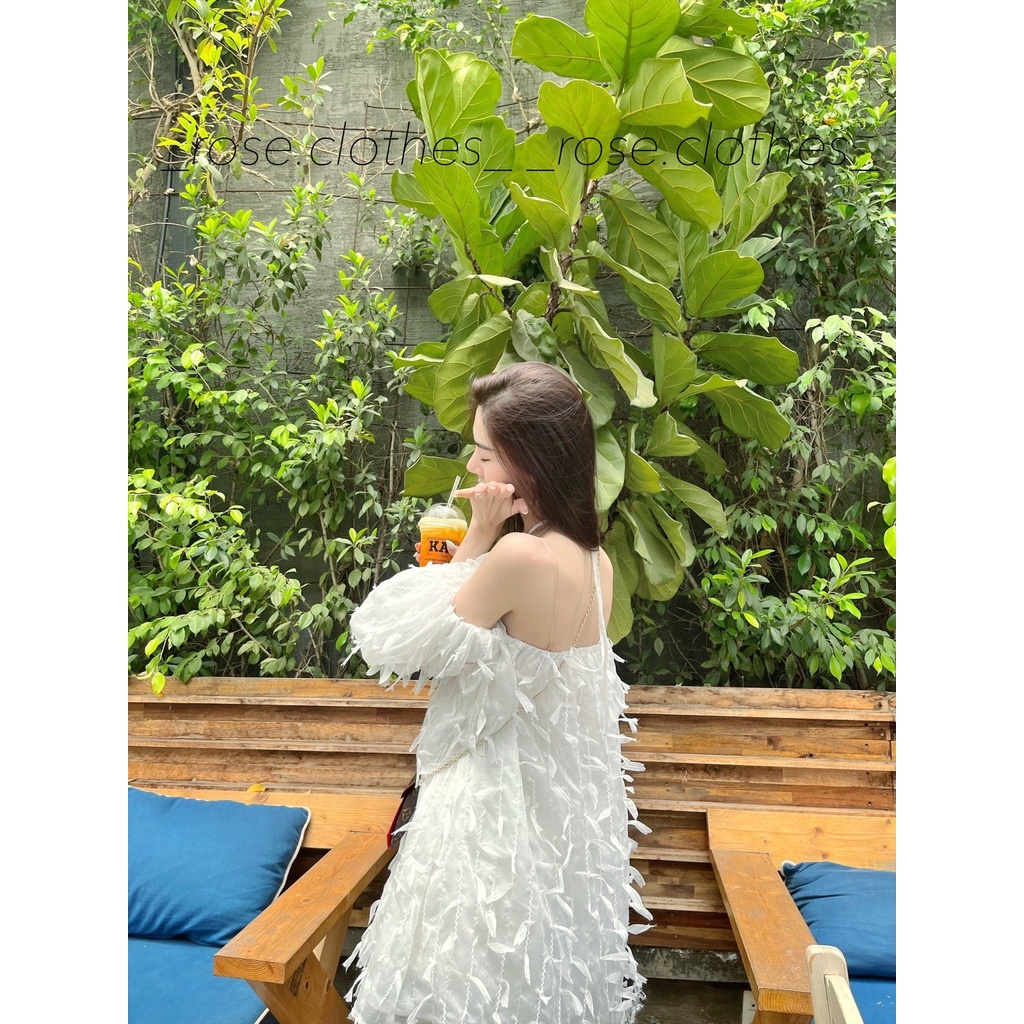 VÁY JESSI DRESS THIẾT KẾ  CỔ YẾM TRỄ VAI TUA RUA LÔNG VŨ  kèm feedbacl