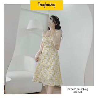 Set đầm midi hoa vàng + áo khoác nude
