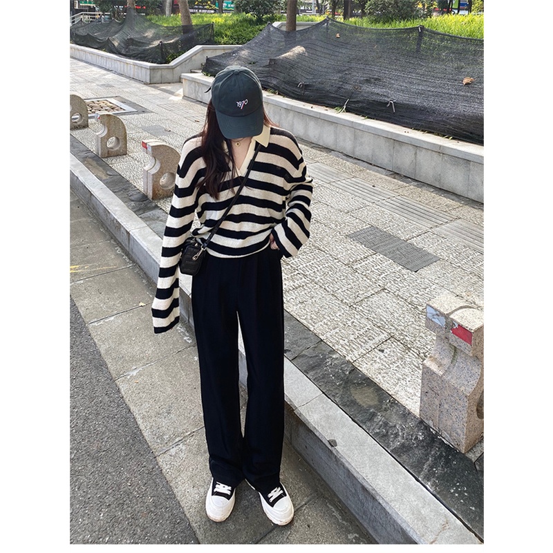 Quần ống rộng lưng cao màu sắc đơn giản phong cách Hàn Quốc độc đáo