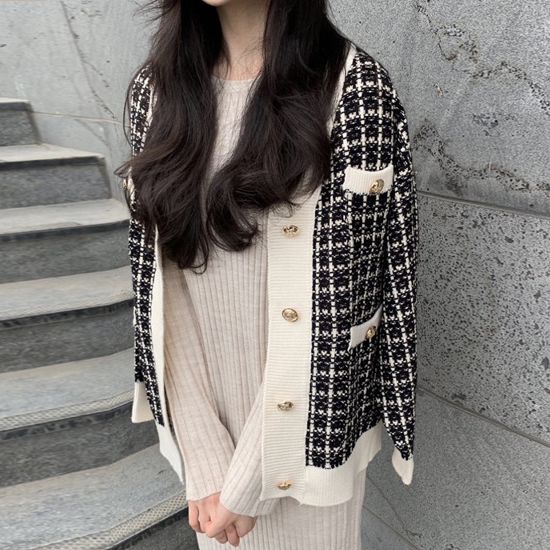 Áo khoác len dài tay họa tiết ca rô phong cách Hàn Quốc cho nữ