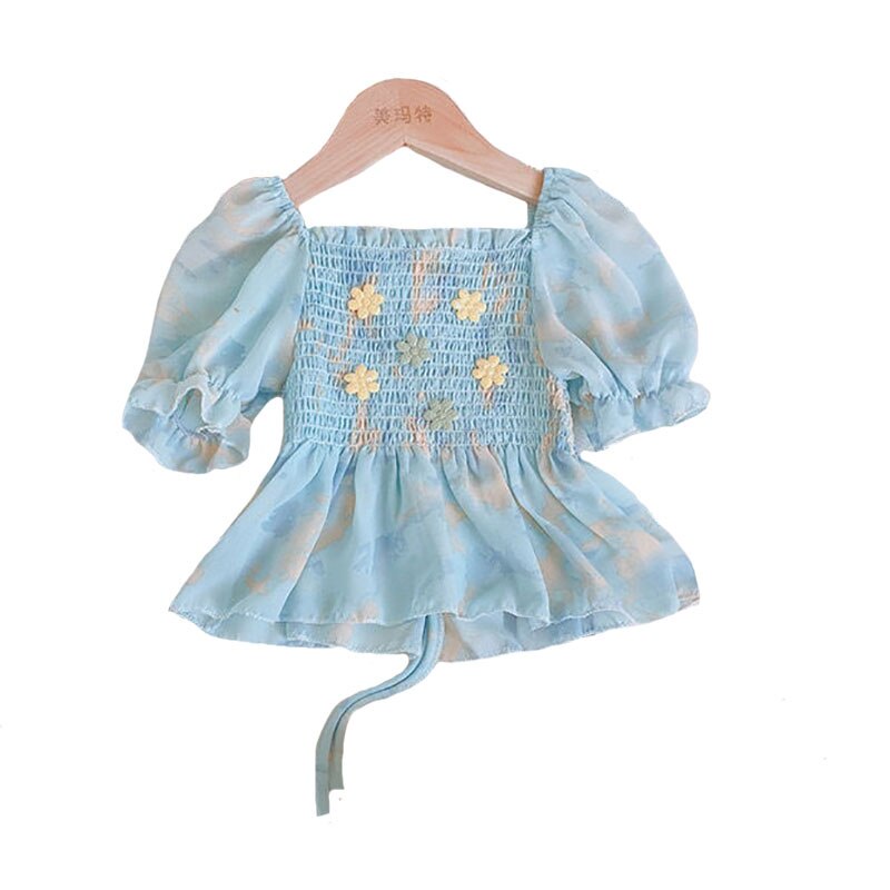 Áo Thun Tay Phồng Cổ Vuông Chất Liệu Chiffon In Hoa Thời Trang Mùa Hè Cho Bé Gái 2-6 Tuổi