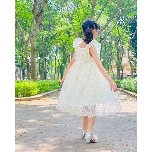 Đầm váy trắng ren thêu bé gái tiểu thư cao cấp haivanco 10 đến 40 kg dễ thương mềm mại thoáng mát đi học đi chơi đẹp
