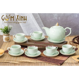 Bộ ấm chén Bát Tràng_Bộ ấm trà Chóp lửa men xanh ngọc vàng kim