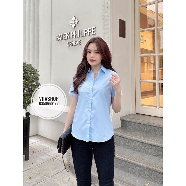 Sơ mi công sở nữ ngắn tay màu xanh