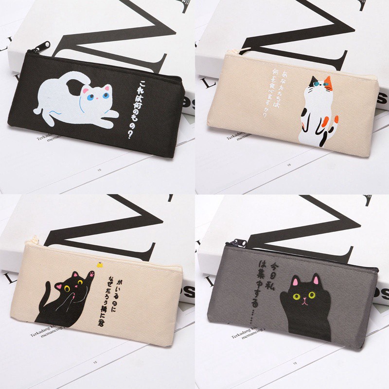 Túi đựng bút/ đồ trang điểm vải canvas màu đen in hình hoạt hình dễ thương