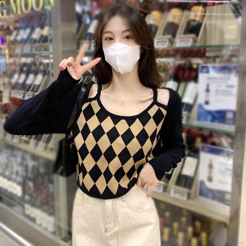 Áo sweater dệt kim tay dài phối màu thời trang cho nữ