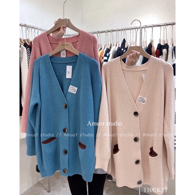Áo khoác cadigan len dáng dài cổ tim có túi- 110EK33- Đenta Shop