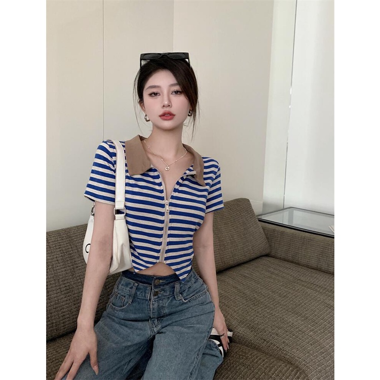 QKOOLE Áo Thun Tay Ngắn Có Khóa Kéo Phong Cách Hàn Quốc Cho Nữ
