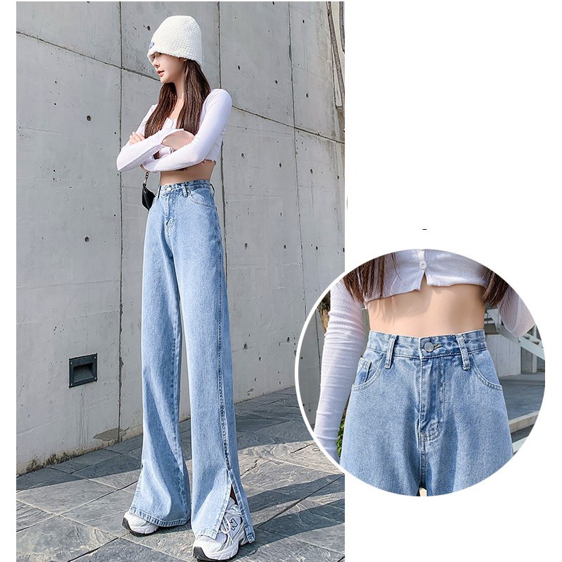 [ KHÔNG SAO MÀ ] QUẦN JEAN ỐNG RỘNG NỮ LƯNG CAO XẺ LAI MÀU XANH NHẠT LAI CUỐN CAO CẤP NITI2 ĐỦ SIZE S, M, L VẢI XỊN SÒ