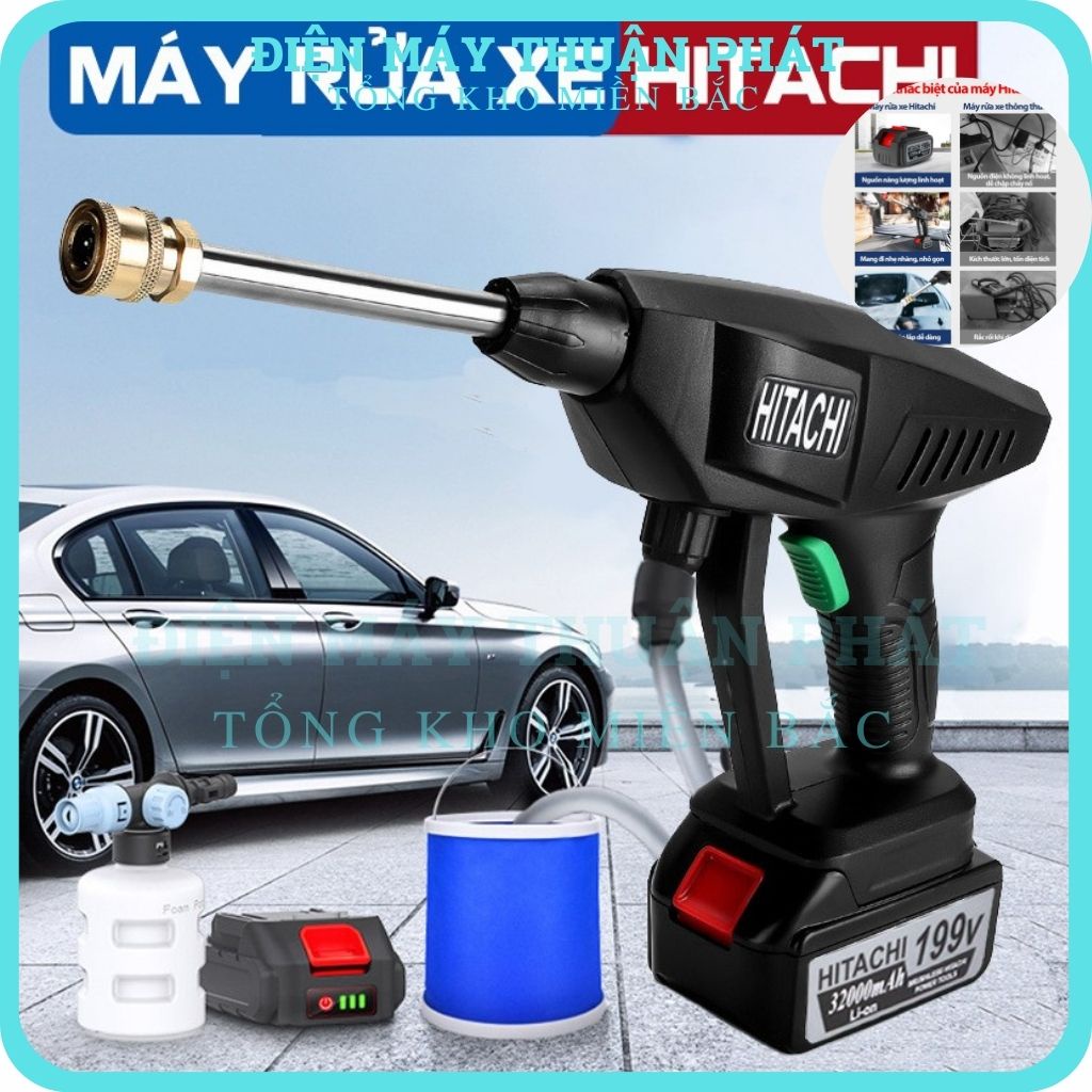 Máy rửa xe áp lực cao gia đình cầm tay total mini Pin Hitachi 199V mini giá rẻ bình phun bọt tuyết rửa xe máy cao áp