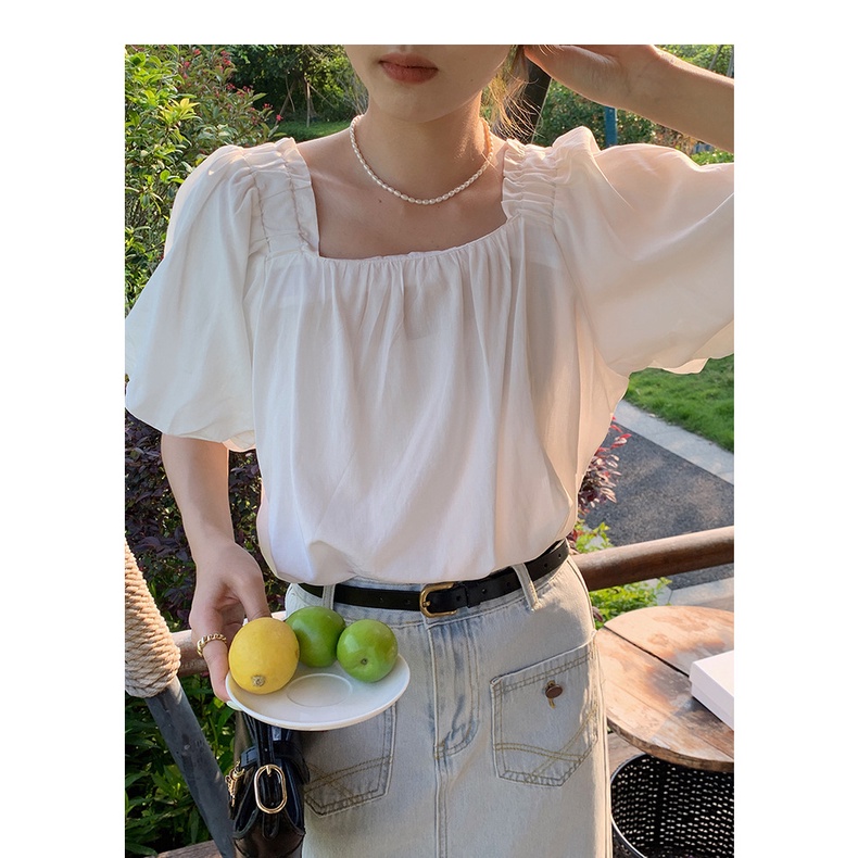 (SALE) Áo sơ mi tay ngắn cổ vuông freesize, Áo tay bồng che khuyết điểm tay to, 2 màu Trắng Đen