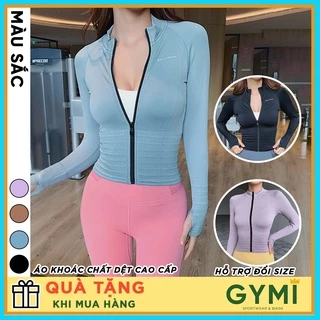 Áo khoác tâp gym yoga nữ GYMI AK10 dáng croptop thể thao vải dệt kim co giãn phom ôm body chạy bộ chống nắng