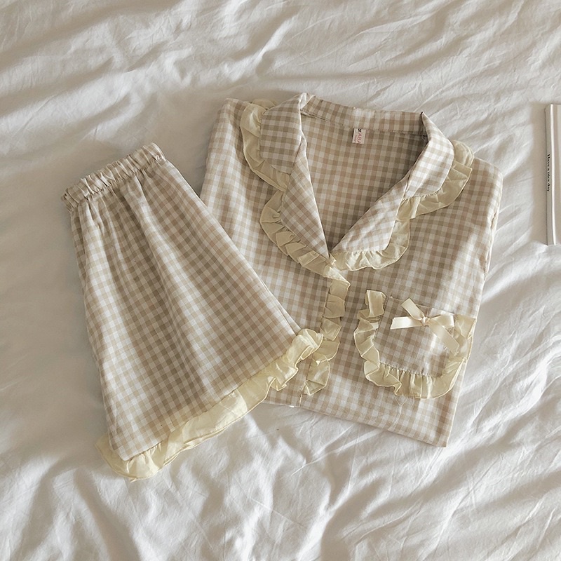 Bộ ngủ pijama nữ ngắn tay kẻ caro tay bèo công chúa | BigBuy360 - bigbuy360.vn