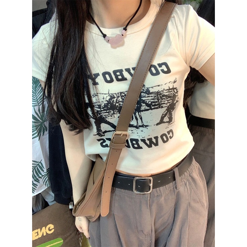 Áo Thun Crop Top Cổ Tròn Tay Ngắn In Họa Tiết Thời Trang Cho Nữ