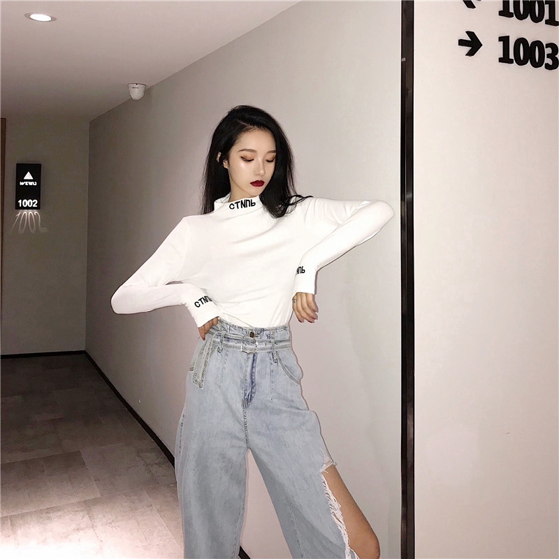 Áo thun nữ cổ lọ tay dài màu trơn đơn giản thời trang Hàn Quốc