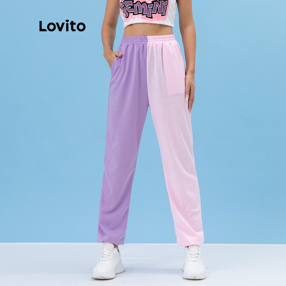 Quần Lovito dây rút ghép nối màu sắc trơn in họa tiết phong cách thể thao L06081 (Màu tím)