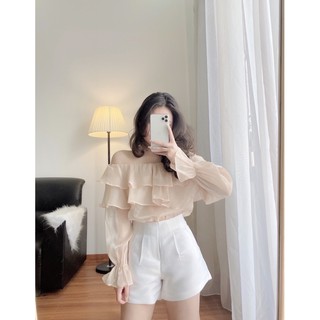 [Mã FATHANG5 giảm 10K đơn 50K] Áo trễ vai organza be; Quần tầt trắng