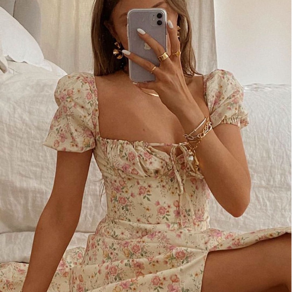 DUNEA Đầm Maxi Tay Phồng Phối Ren Hoa Thiết Kế Xẻ Tà Cao Xinh Xắn Dành Cho Nữ