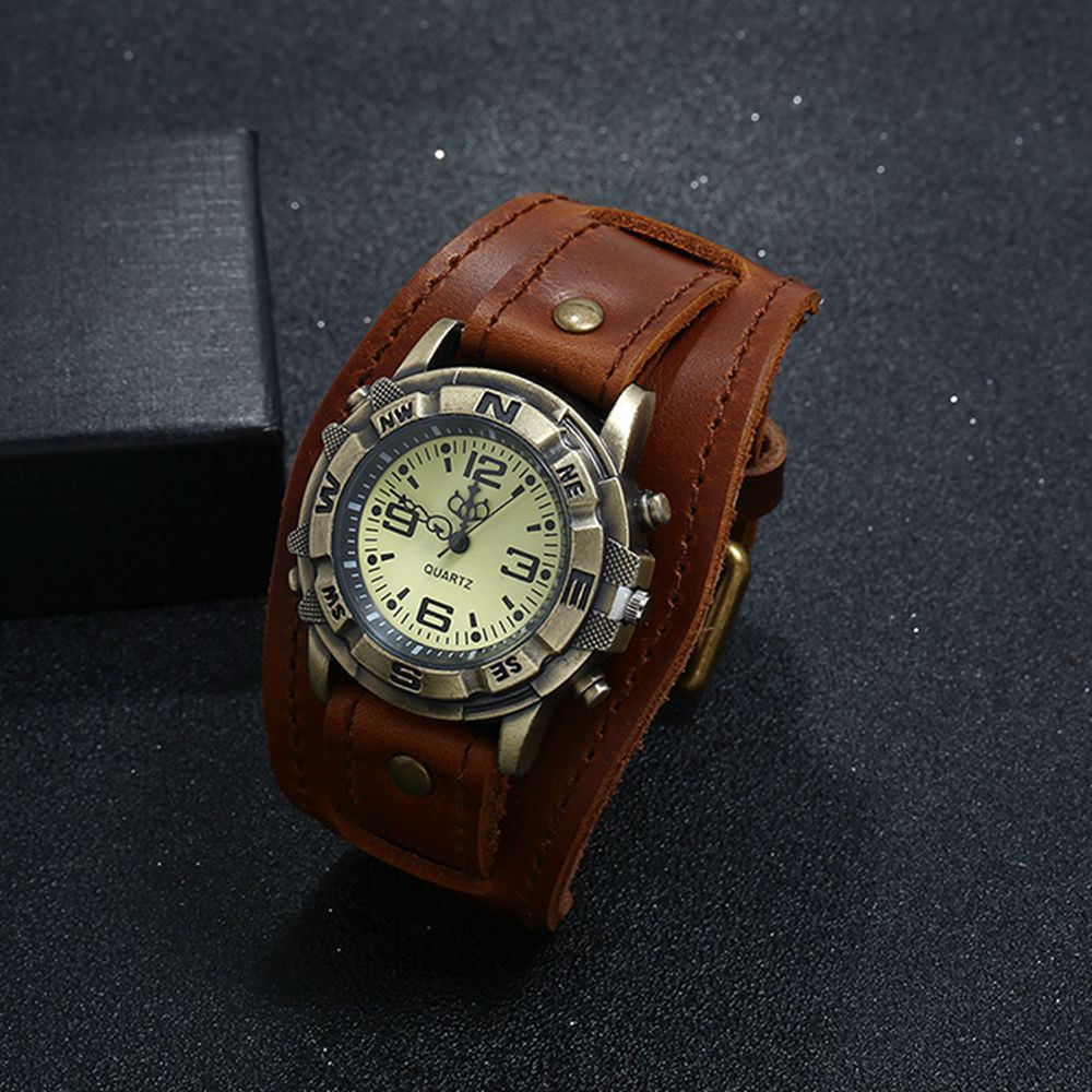 Đồng Hồ Đeo Tay Máy quartz Dây Da Bản Rộng Phong Cách punk vintage Cho Nam