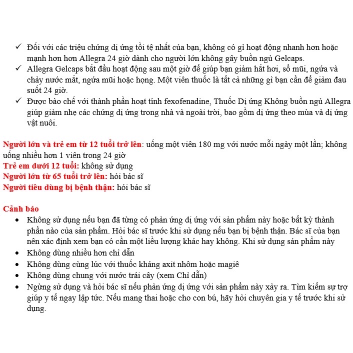 HŨ Allegra 24 Hour Allergy 180mg GELCAPS SET TÁCH LẺ 10 VIÊN