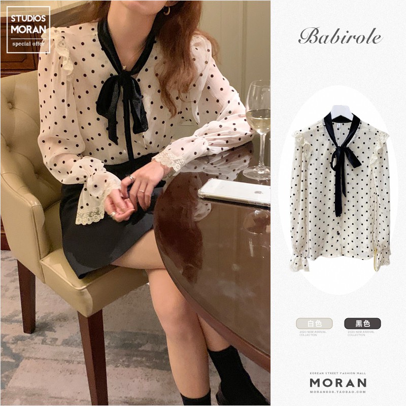 (ORDER) Áo sơ mi MORAN voan chấm bi dài tay phối bèo vai cổ thắt nơ màu đen tiểu thư Hàn Quốc