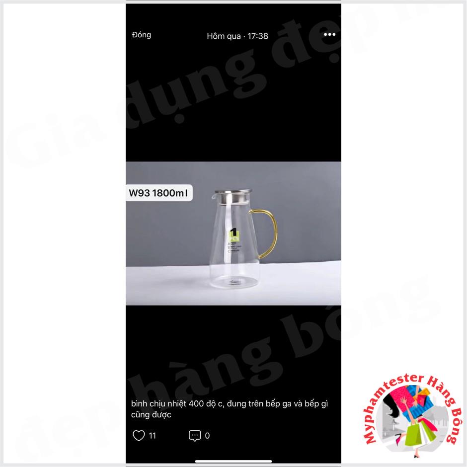 Bình nước thuỷ tinh siêu chịu nhiệt 400 độ c cao cấp 3 cỡ 1 lít 1,4 lít,2 lít