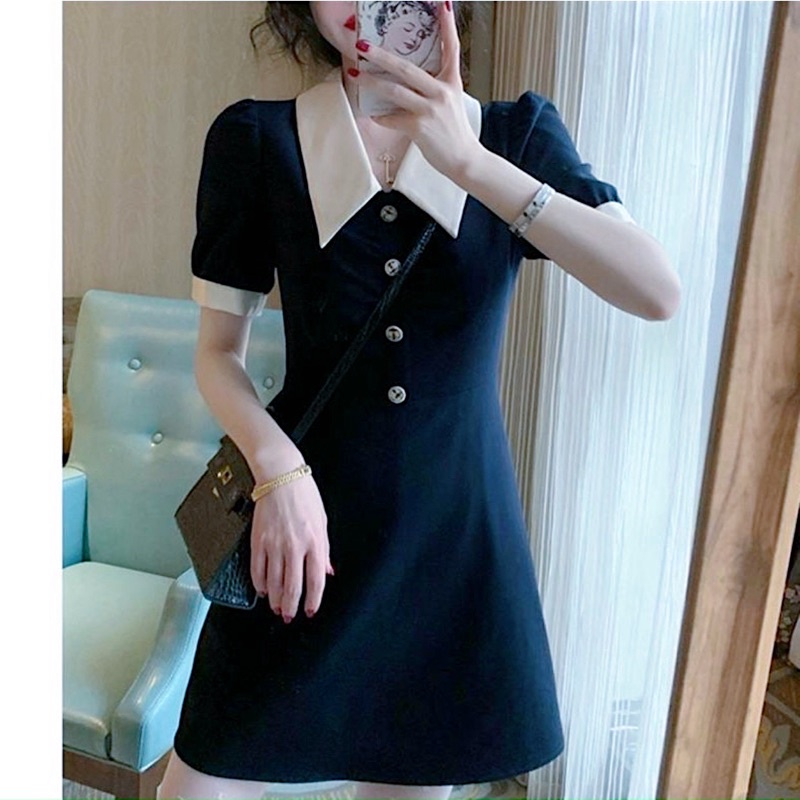 Đầm đen cổ trắng form ngắn, váy midi công sở (kèm hình thật)