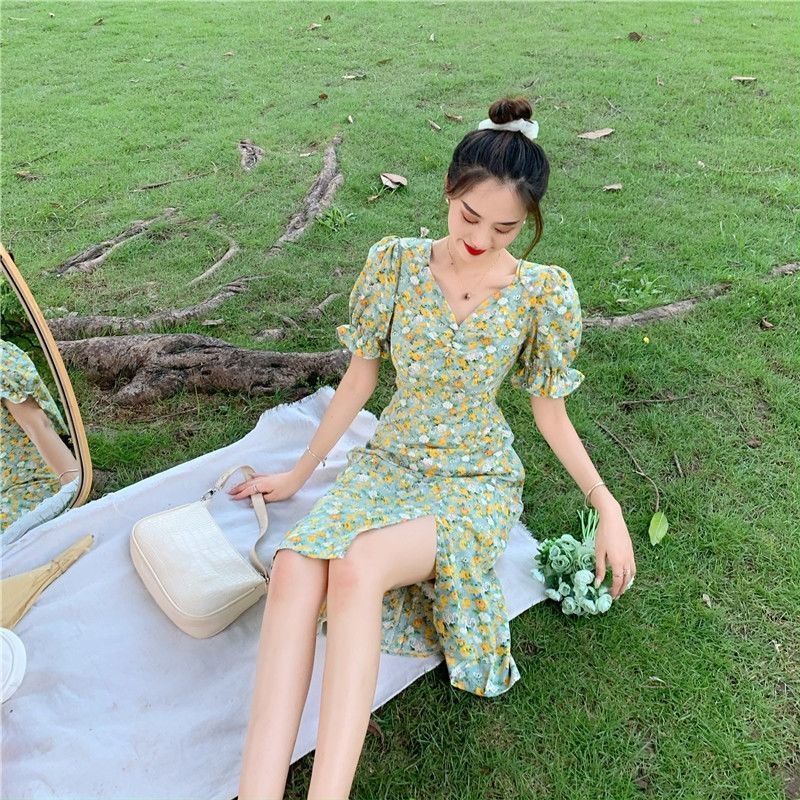 Đầm Dài Ôm Eo Họa Tiết Hoa Phong Cách Pháp Ngọt Ngào