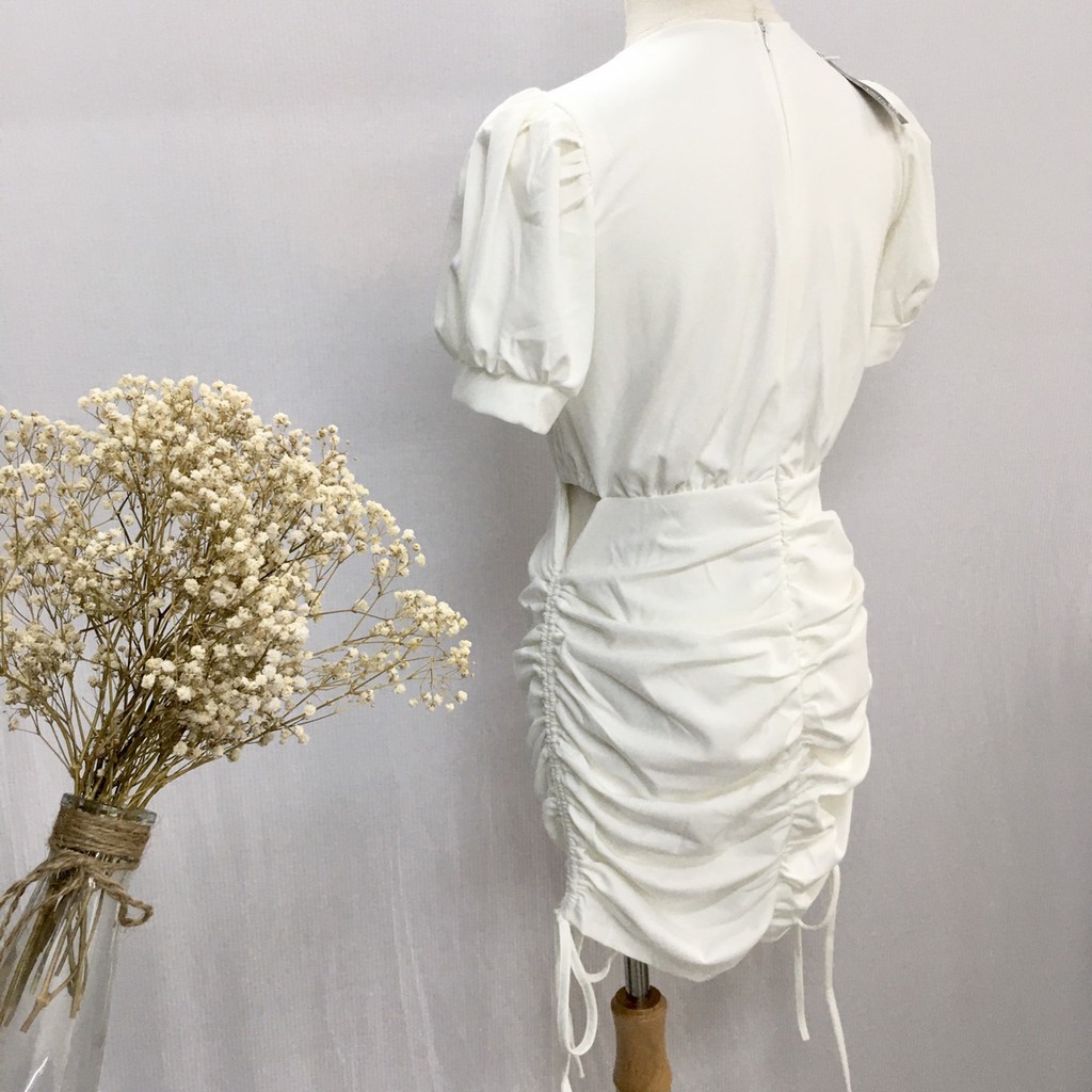 Đầm body dây rút hở eo tay bo phồng