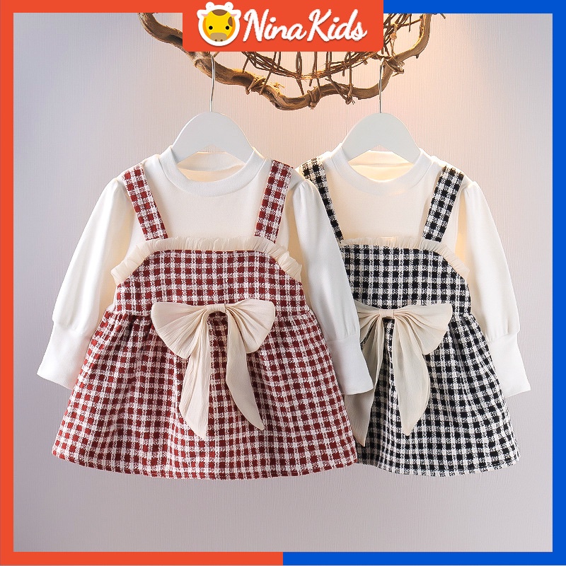 Đầm Tay Dài Phối Nơ Phong Cách Thời Trang Hàn Quốc Dành Cho Bé Gái 0-4 Tuổi