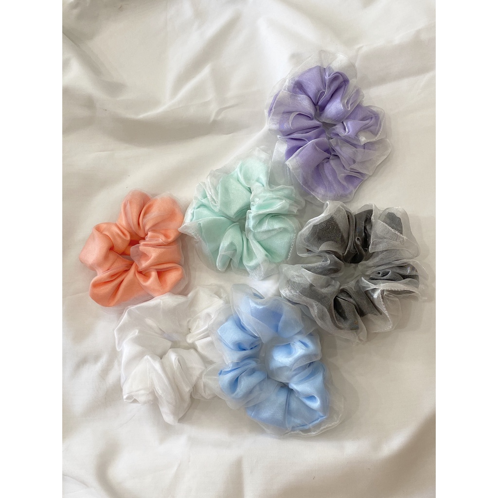 Dây buộc tóc Scrunchies co giãn phối ren phối màu cầu vồng thời trang cho nữ