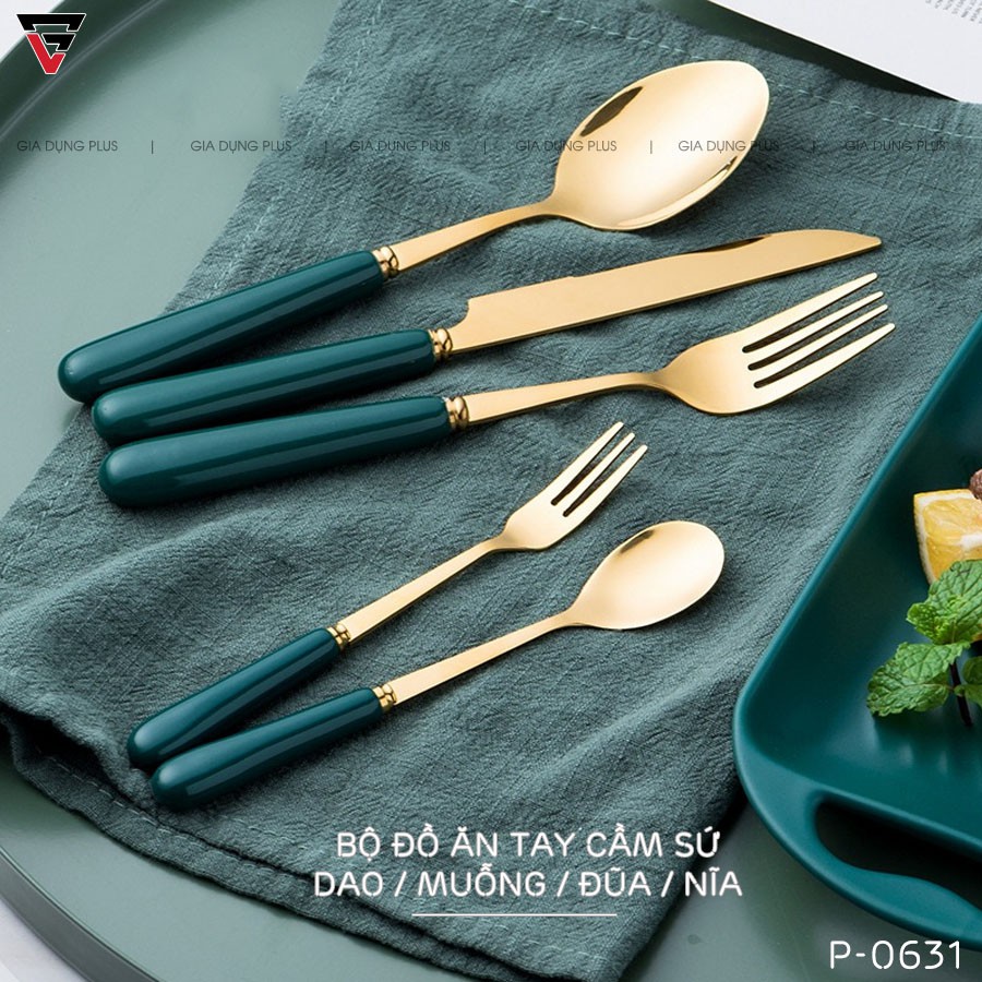 Bộ Đũa Dao Ăn Steak - Nĩa Thìa Muỗng Cán Sứ Sang Trọng Inox 401 LAZYDO Mạ Vàng 24K (LZ-0631)