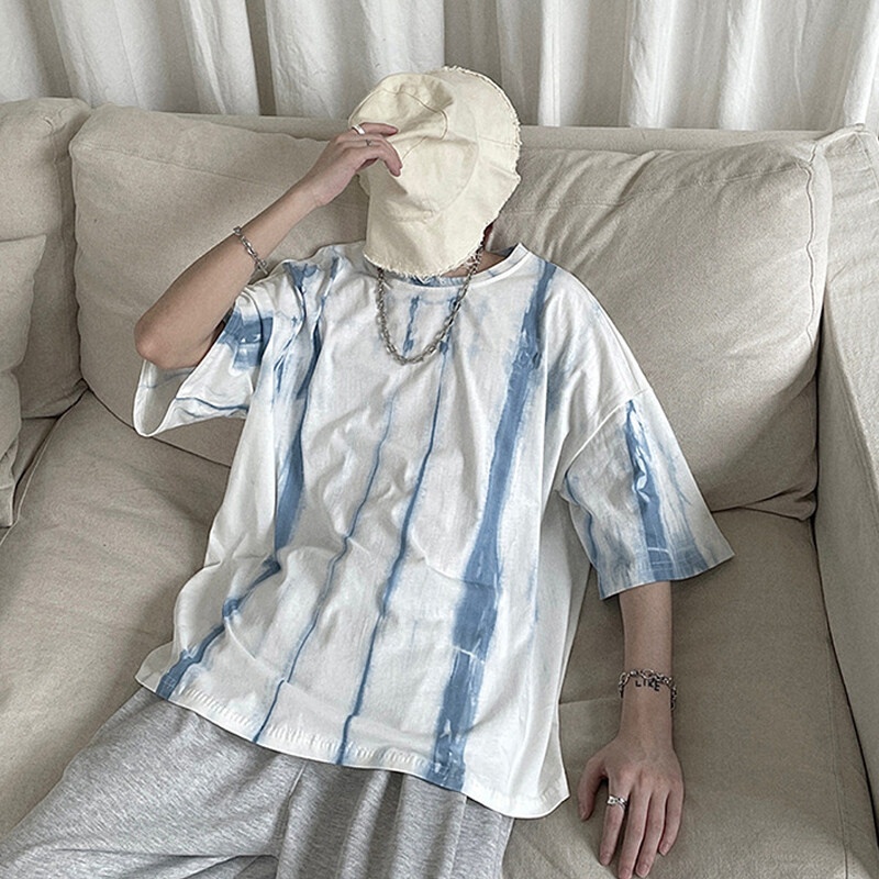 Áo thun AOKANG ngắn tay dáng rộng vừa vặn in họa tiết màu nhuộm phong cách Hàn Quốc dễ phối đồ