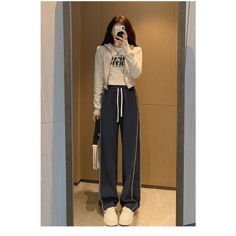 Quần dài ZHELIHANGFEI ống rộng lưng cao phối nơ phong cách Hàn Quốc
