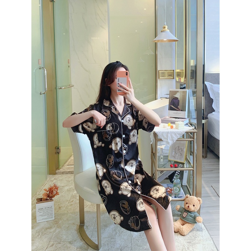 Đầm Ngủ Ngắn Tay In Họa Tiết Hoạt Hình Phong Cách Hàn Quốc Cho Nữ