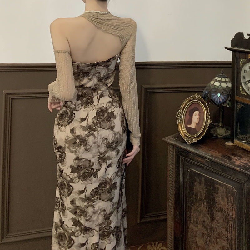 Đầm Hoa Hai Mảnh Tay Dài Hở Vai Phong Cách Pháp Thời Trang Mùa Thu Cho Nữ 15 Ngày