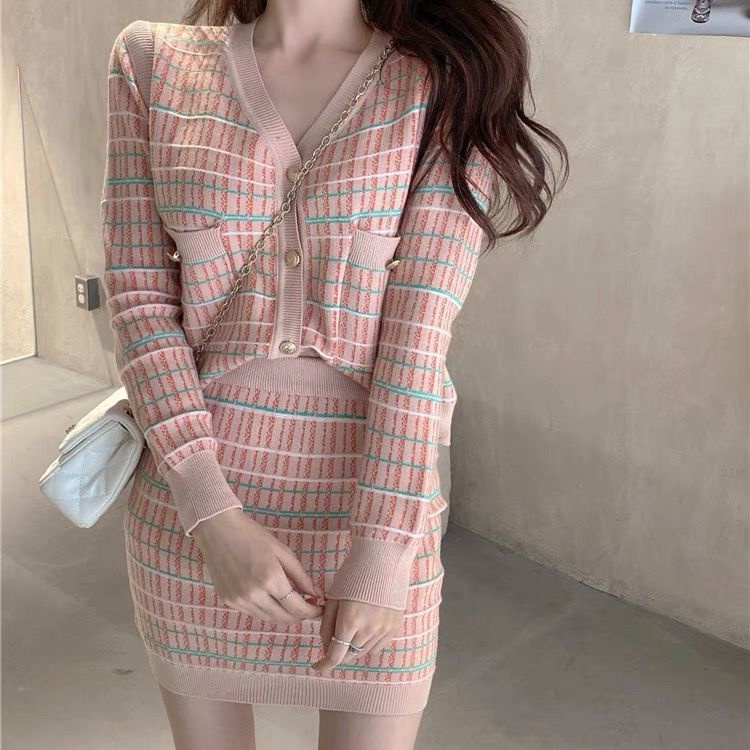 Set Áo Cardigan Dệt Kim Tay Dài Kẻ Sọc + Chân Váy Lưng Cao Dáng Ôm Thời Trang Cho Nữ