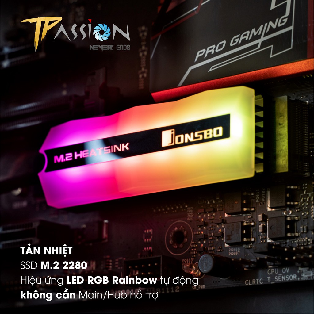 Tản nhiệt SSD M2 Jonsbo LED RGB tự động - hiệu năng cao, hiệu ứng màu Rainbow tuyệt đẹp, không cần cổng RGB main hỗ trợ