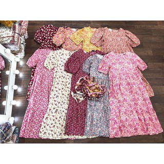 (ẢNH THẬT mẫu mặc shop tự chụp)Váy hoa nhí cổ tròn tay lỡ voan thô-style Hàn Quốc-bầu bí bon chen thoải mái-ib tư vấn sp