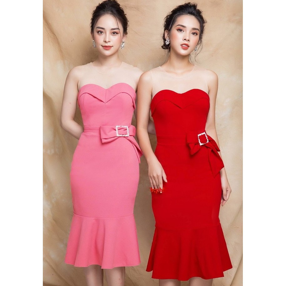 Đầm váy thun ôm đuôi cá phối lưới và đính eo nơ (có nhiều size và màu sắc)