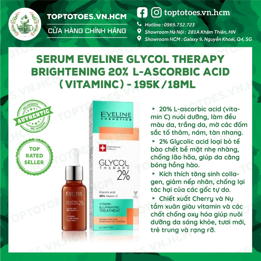 Serum Eveline Glycol Therapy Brightening 20% L-ascorbic Acid (Vitamin C) dưỡng da trắng sáng, căng bóng, đều màu