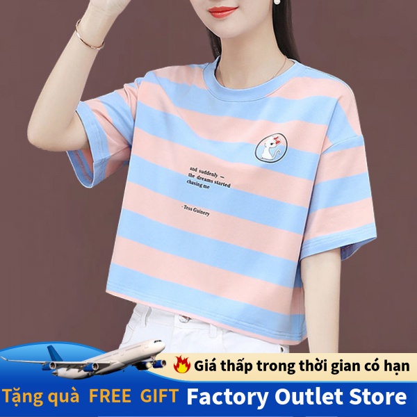 Áo thun cotton họa tiết kẻ sọc dáng rộng thời trang Hàn Quốc mùa hè mới dành cho bạn nữ