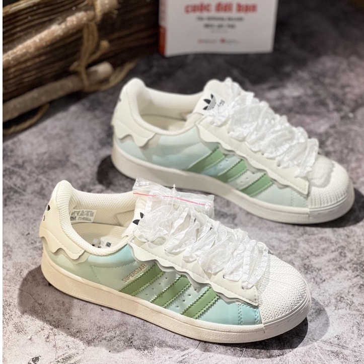 Giày superstar phiên bản đặc 2022 biêt ba màu kem hồng xanh full size nam nữ đầy đủ bill box túi hộp DINOSneaker