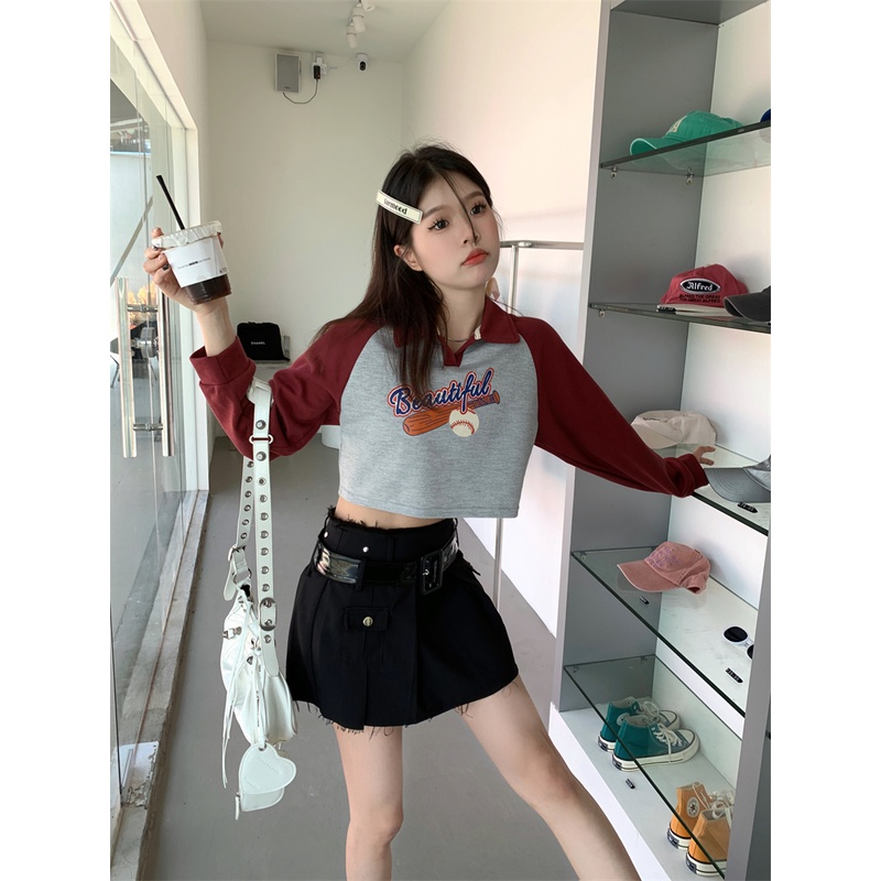 Áo Sweater Cổ Polo In Chữ Màu Tương Phản Kiểu Vintage Thời Trang Mùa Thu Cho Nữ