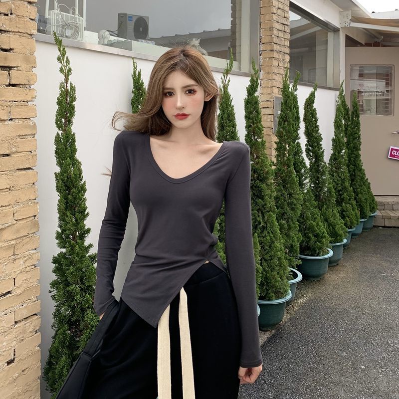 Áo thun COZOK tay dài cổ chữ V xẻ tà thời trang cho nữ